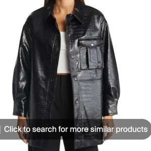 OPEN EDIT Croc Texture Faux Leather Shirt Jacket, Black, Size S